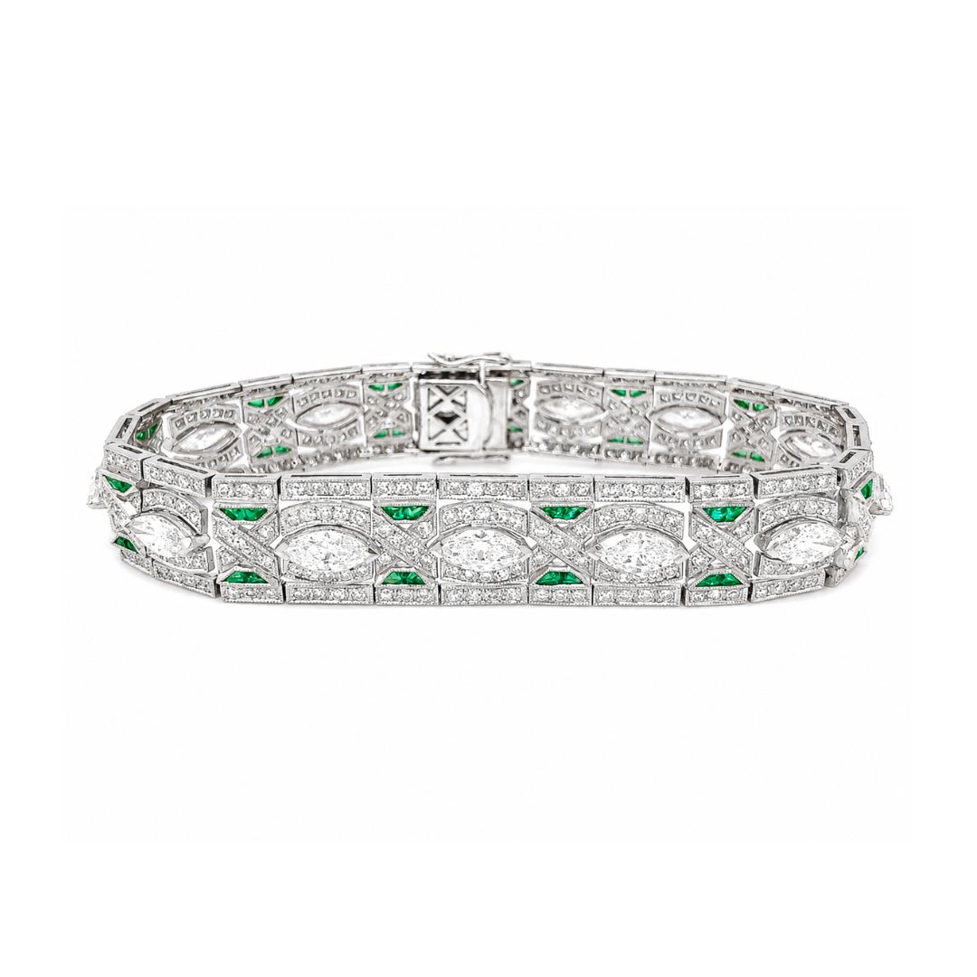 Natural  Diamond with Emerald Art Deco Platinum Cocktail Bracelet