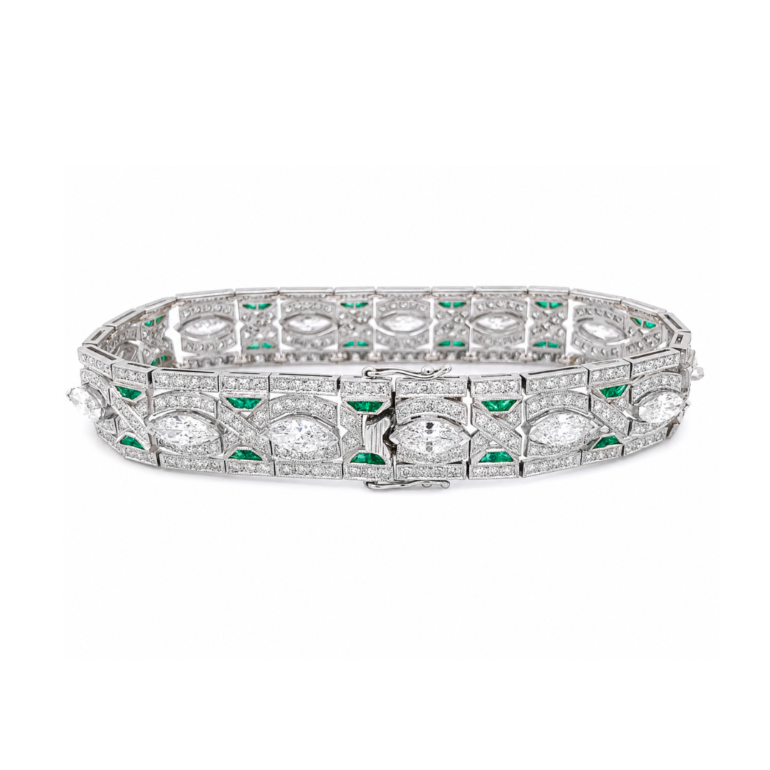 Natural  Diamond with Emerald Art Deco Platinum Cocktail Bracelet lock