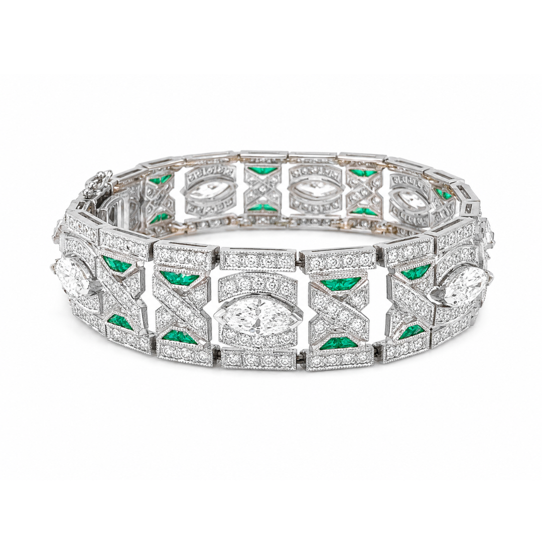 Natural  Diamond with Emerald Art Deco Platinum Cocktail Bracelet side