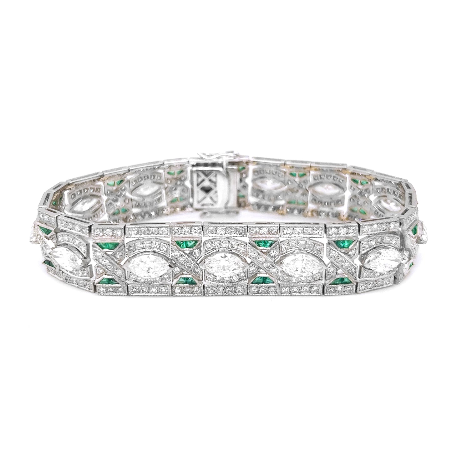 Natural Mined Diamond with Emerald Art Deco Platinum Cocktail Bracelet