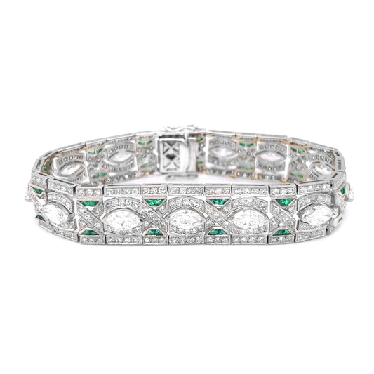 Natural Mined Diamond with Emerald Art Deco Platinum Cocktail Bracelet