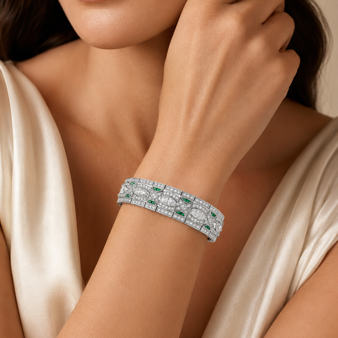 Natural  Diamond with Emerald Art Deco Platinum Cocktail Bracelet on model