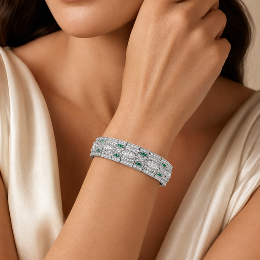 Natural  Diamond with Emerald Art Deco Platinum Cocktail Bracelet on model