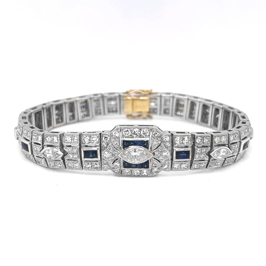 Natural Mined Diamond with Blue Sapphire Art Deco Cocktail Platinum Bracelet