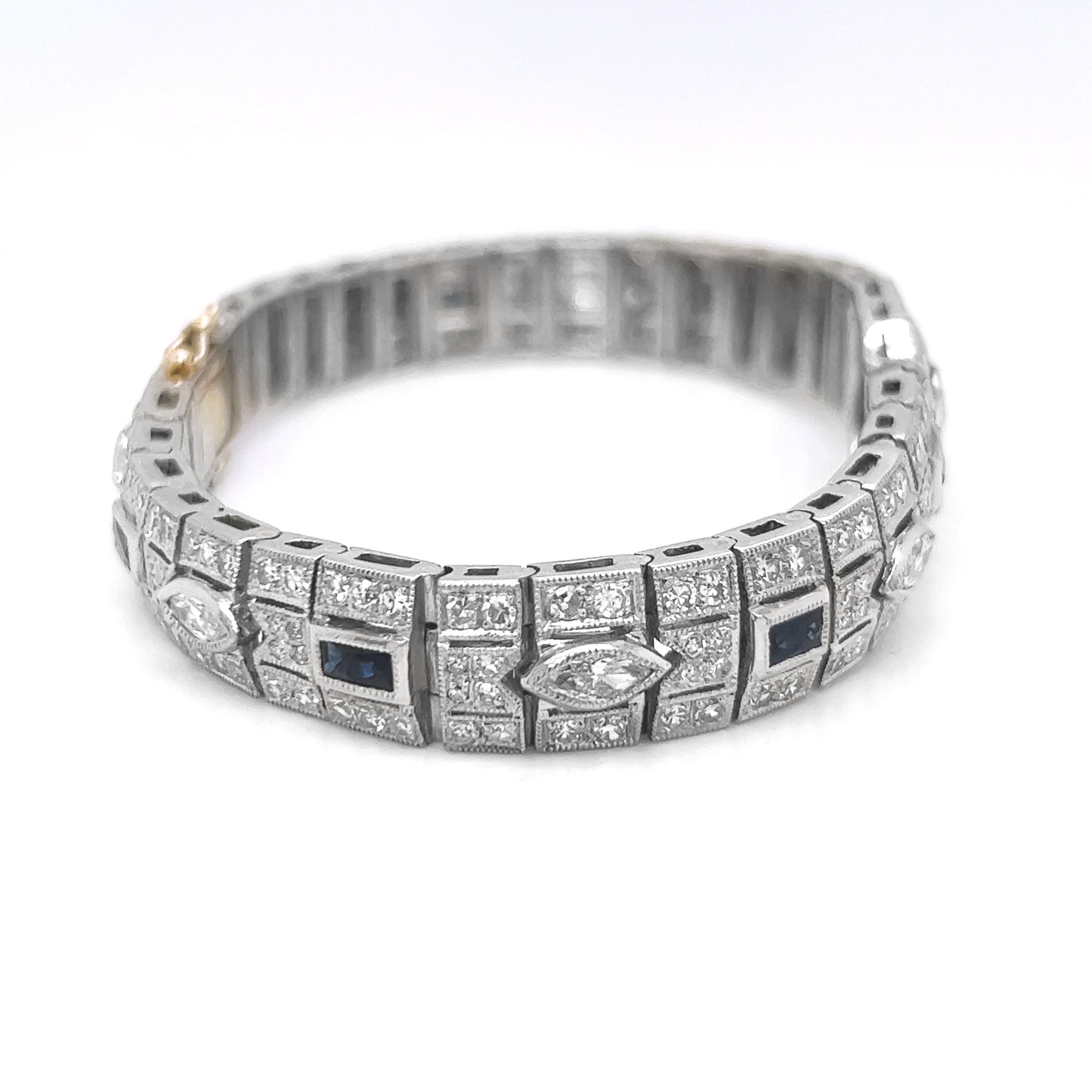 Natural Mined Diamond with Blue Sapphire Art Deco Cocktail Platinum Bracelet