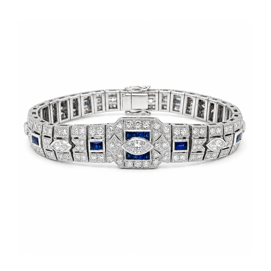 Natural Diamond with Blue Sapphire Art Deco Cocktail Platinum Bracelet