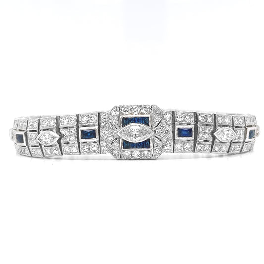 Natural Mined Diamond with Blue Sapphire Art Deco Cocktail Platinum Bracelet