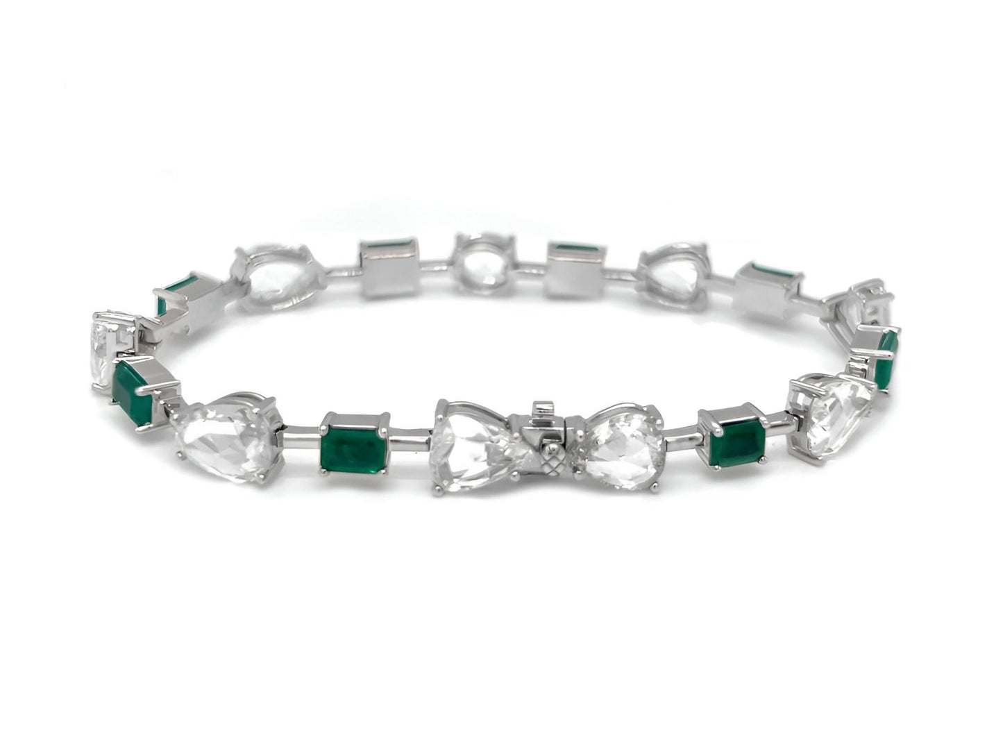 Natural Emerald Cut Green Emerald and Rose Cut Diamond Link Bracelet White Gold
