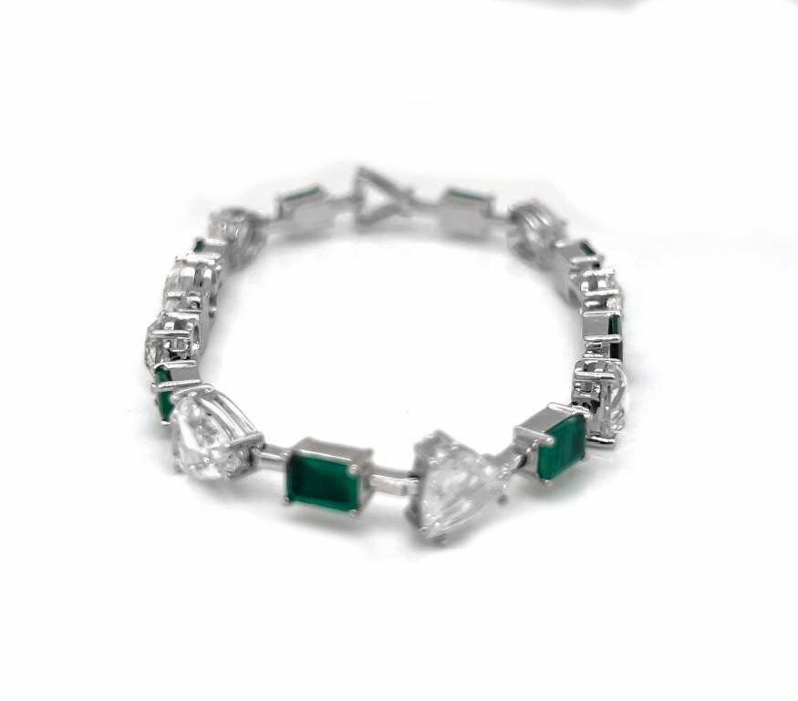Natural Emerald Cut Green Emerald and Rose Cut Diamond Link Bracelet White Gold