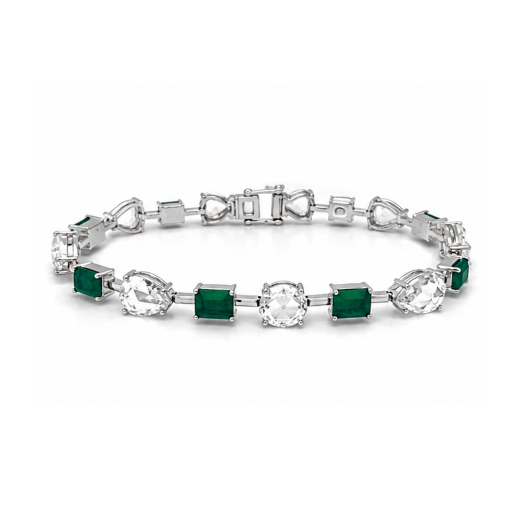 Natural Emerald Cut Green Emerald and Rose Cut Diamond Link Bracelet White Gold