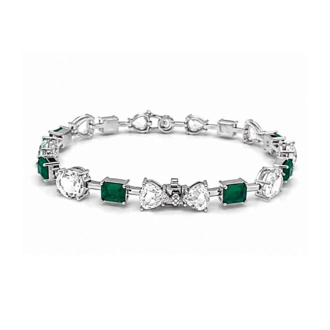 Natural Emerald Cut Green Emerald and Rose Cut Diamond Link Bracelet White Gold closure