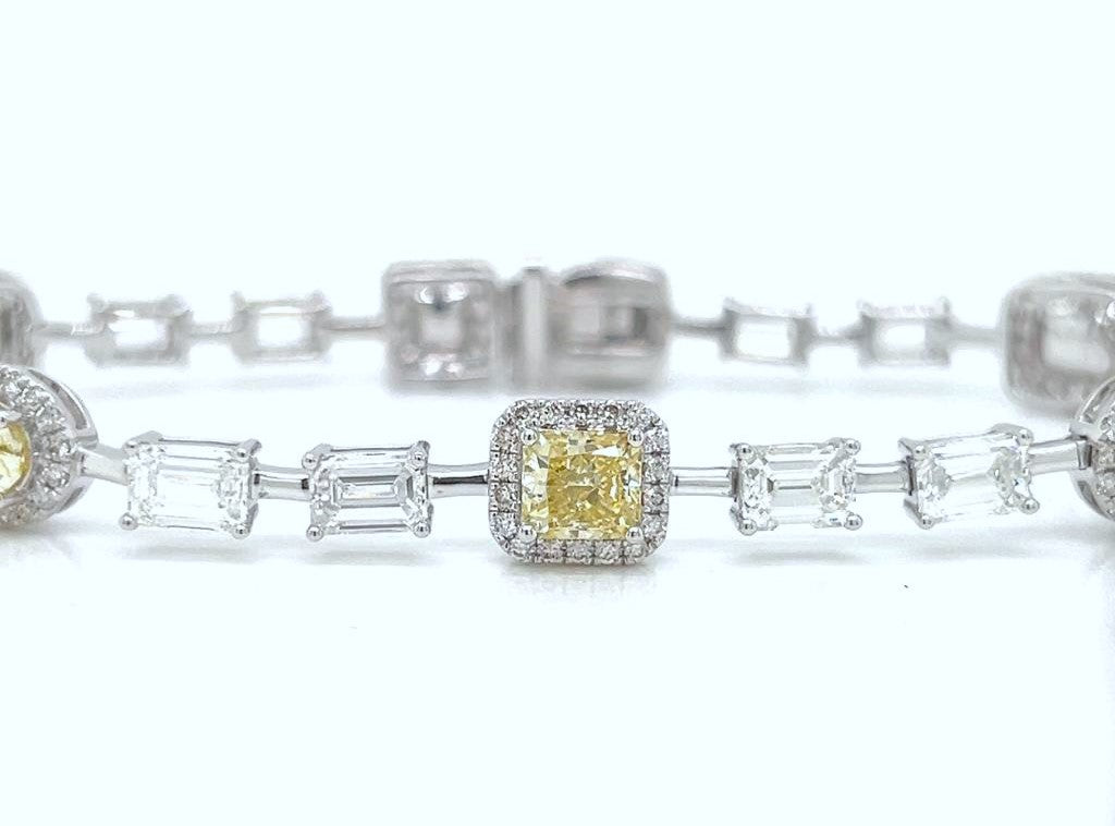 Natural Mined Fancy Yellow Diamond with Emerald Cut Diamond Link Bracelet White Gold