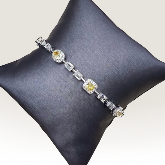 Natural Mined Fancy Yellow Diamond with Emerald Cut Diamond Link Bracelet White Gold