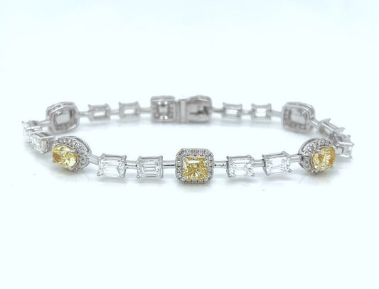 Natural Fancy Yellow Diamond with Emerald Cut Diamond Link Bracelet, in White Gold
