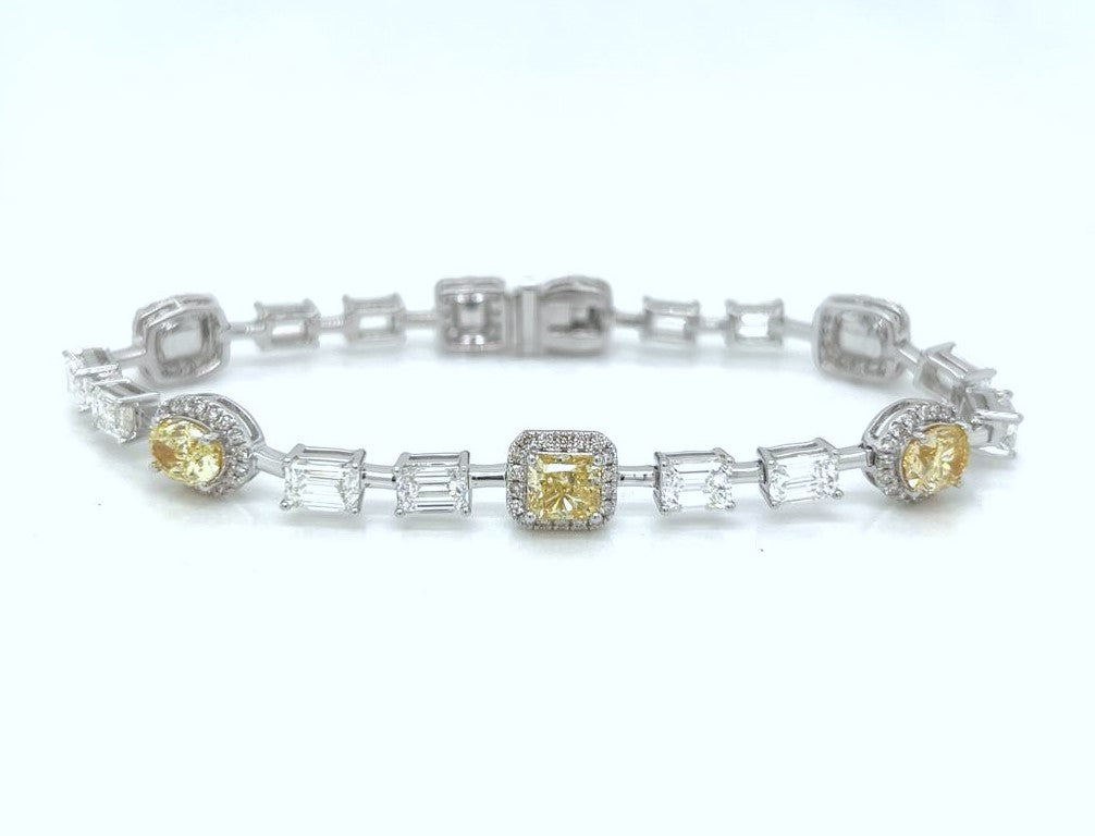 Natural Mined Fancy Yellow Diamond with Emerald Cut Diamond Link Bracelet White Gold