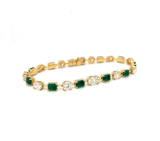 Natural Mined Emerald and Diamond Link Bracelet Yellow Gold