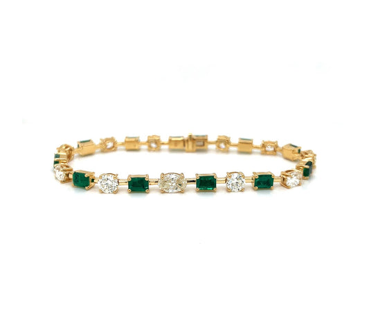 Natural Mined Emerald and Diamond Link Bracelet Yellow Gold