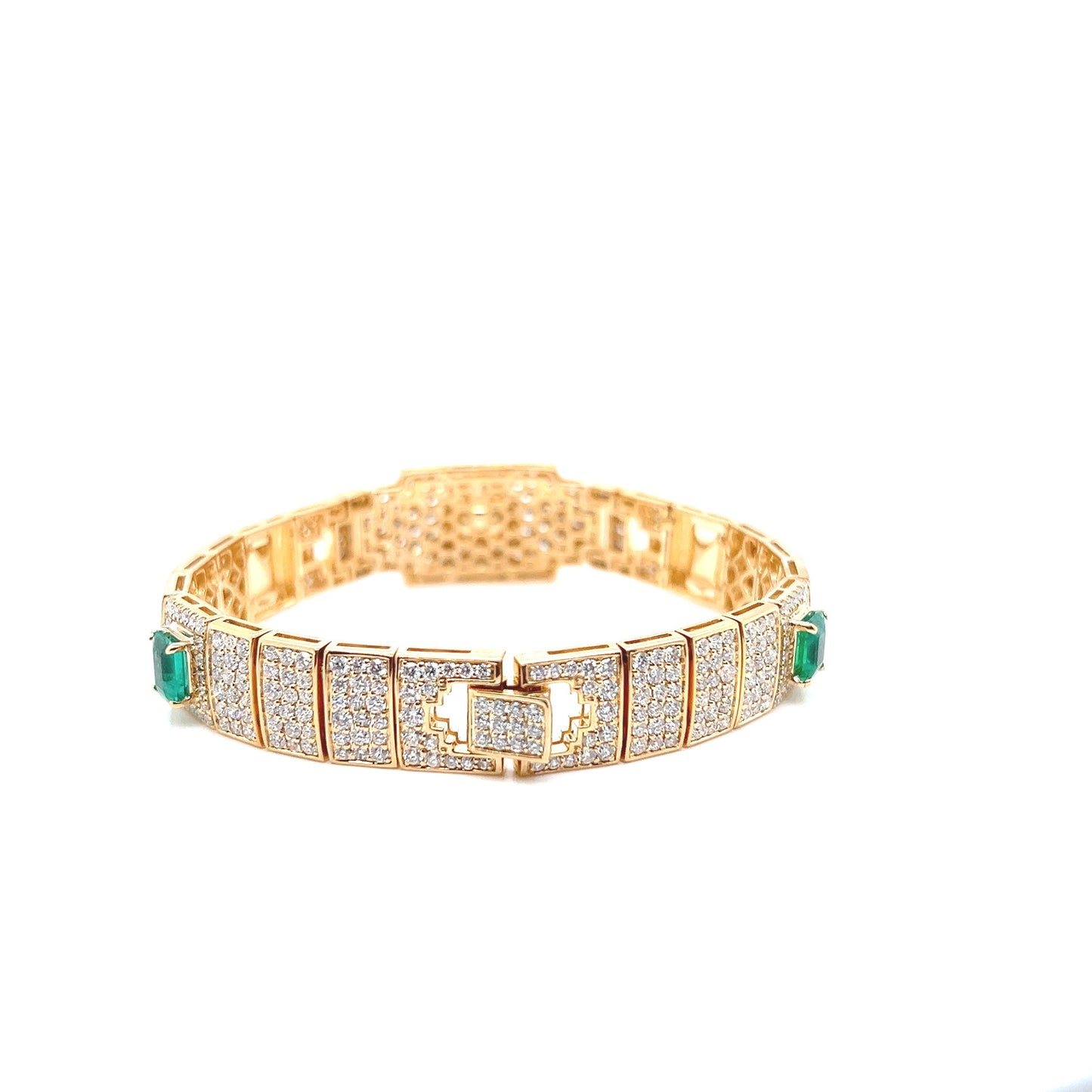 Natural Mined Emerald Diamond Art Deco Cocktail Bracelet Yellow Gold