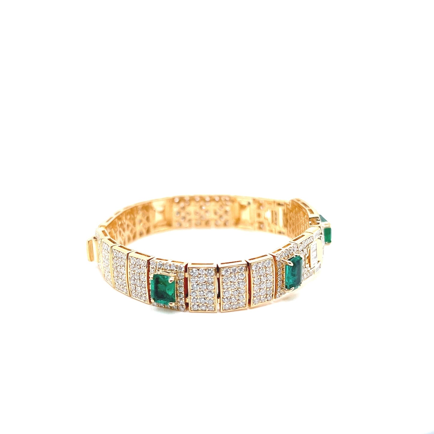 Natural Mined Emerald Diamond Art Deco Cocktail Bracelet Yellow Gold