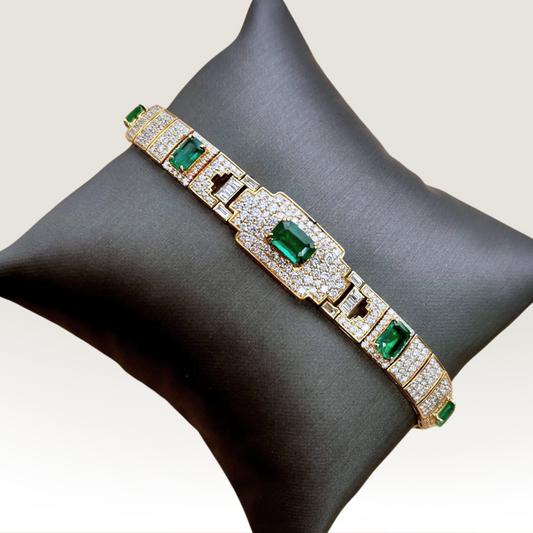 Natural Mined Emerald Diamond Art Deco Cocktail Bracelet Yellow Gold