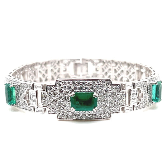 Natural Mined Emerald and Diamond Cocktail Bracelet Platinum