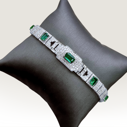 Natural Mined Emerald and Diamond Cocktail Bracelet Platinum