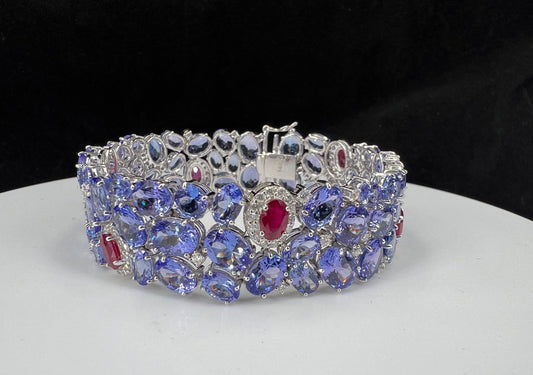 Natural Mined Tanzanite Diamond and Ruby Cocktail Bracelet White Gold