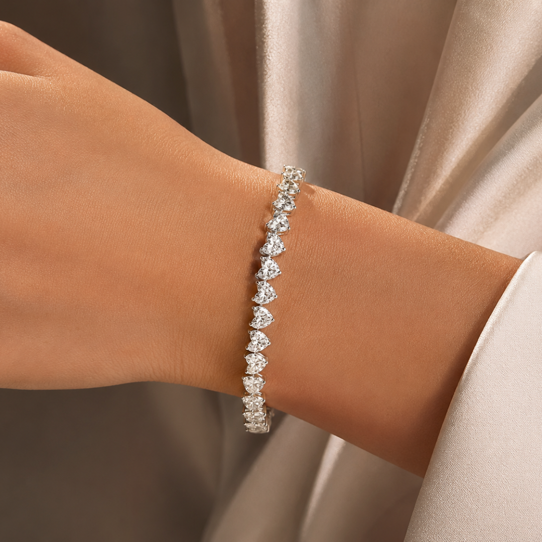 10.15 ct.t.w. Natural Diamond Heart Shaped Tennis Bracelet, in White Gold on model