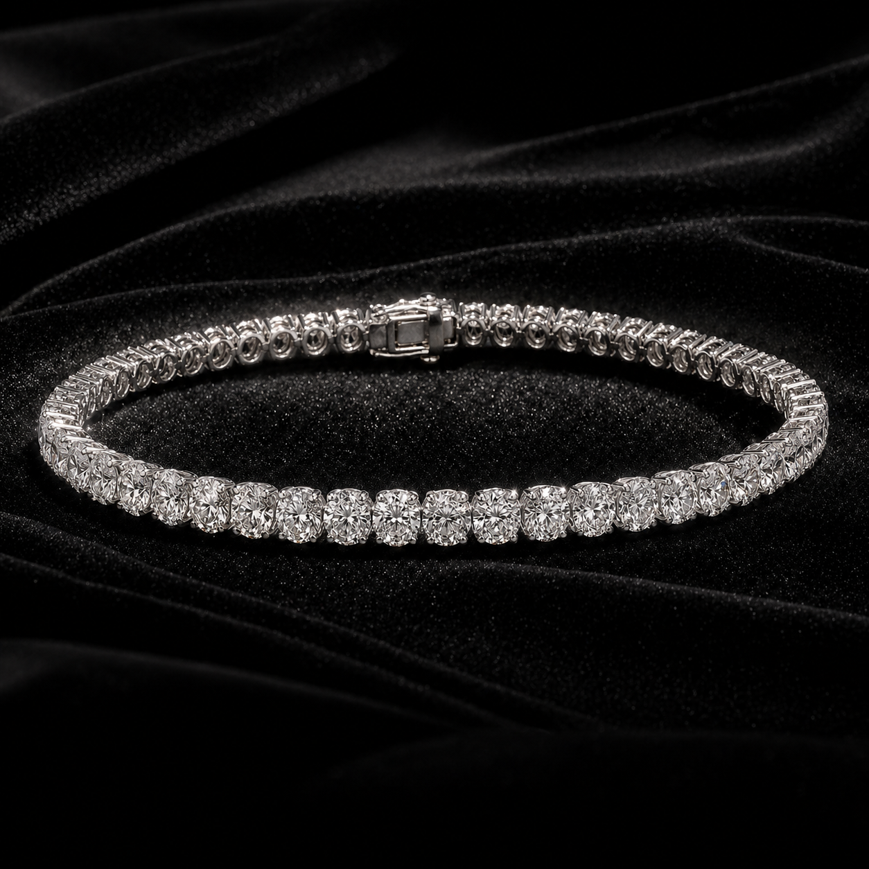 12.26 cttw. Natural Diamond Oval Cut Tennis Bracelet, in White Gold on black background