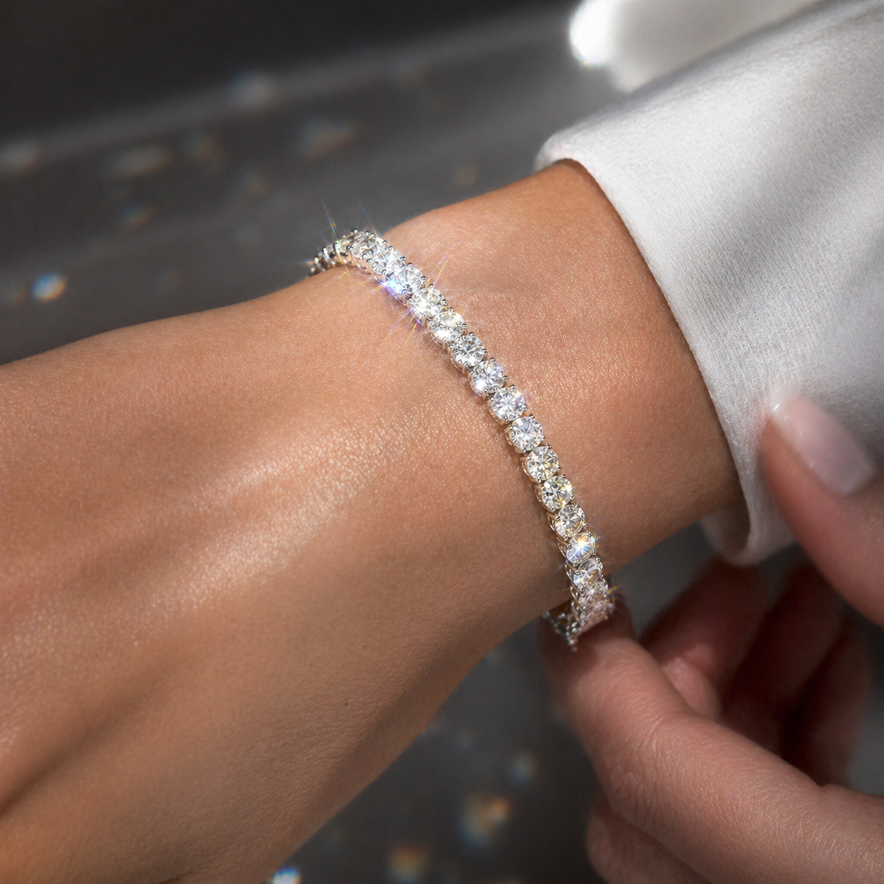 12.26 cttw. Natural Diamond Oval Cut Tennis Bracelet, in White Gold on wrist sparkling