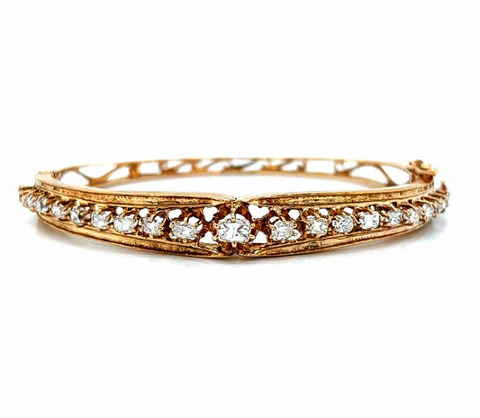 Natural Mined Cushion and Oval Diamond Vintage Bangle Yellow Gold