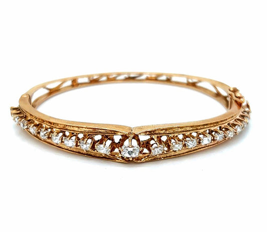 Natural Mined Cushion and Oval Diamond Vintage Bangle Yellow Gold