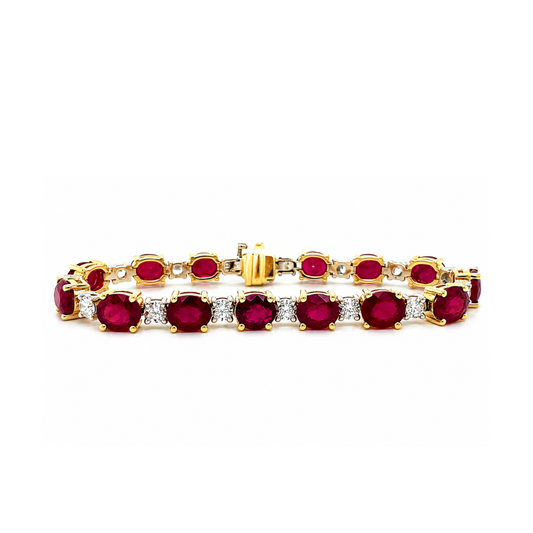 Natural Burma Ruby and Diamond Tennis Bracelet, in Yellow Gold - Pre-owned front
