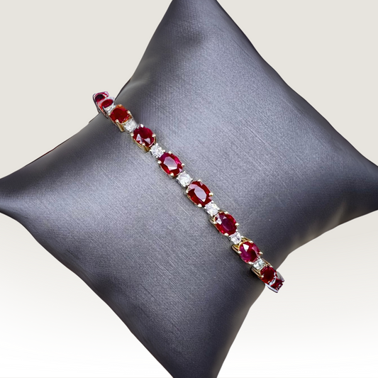 Natural Mined Burma Ruby and Diamond Tennis Bracelet Yellow Gold