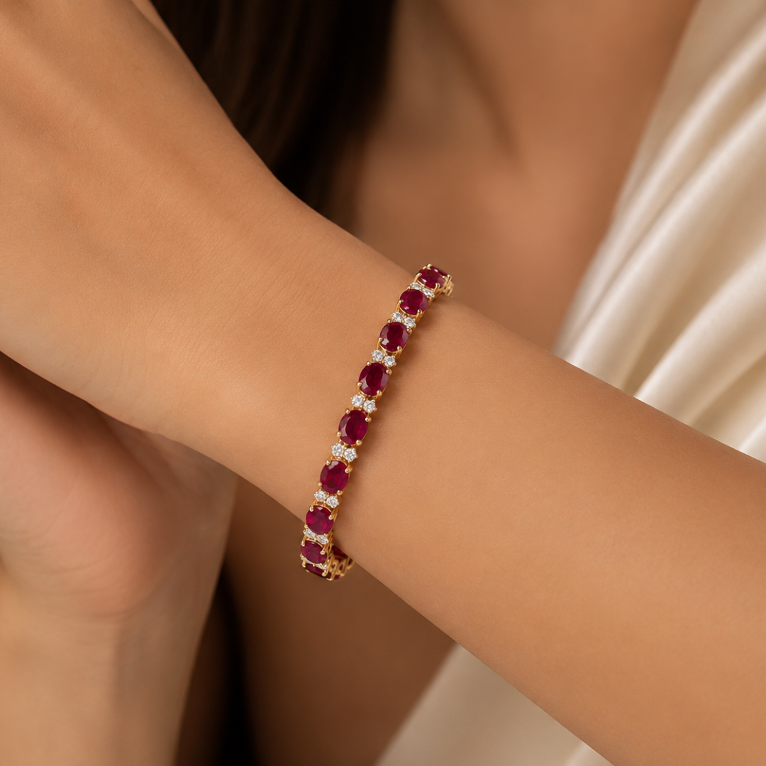 Natural Burma Ruby and Diamond Tennis Bracelet, in Yellow Gold - Pre-owned on model