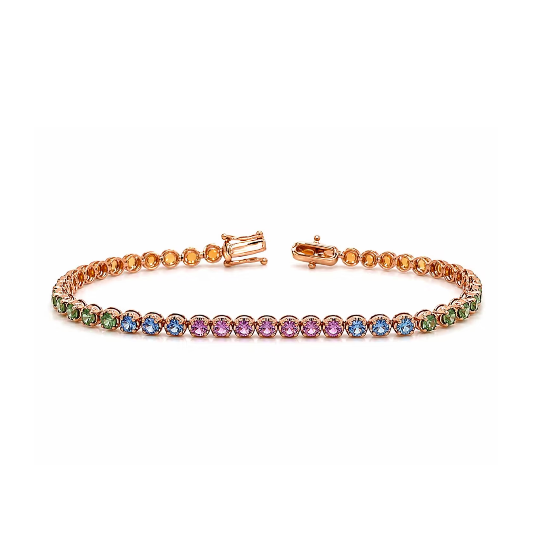 Natural Round Cut Multi-Color Sapphire Rainbow Bracelet, in Rose Gold