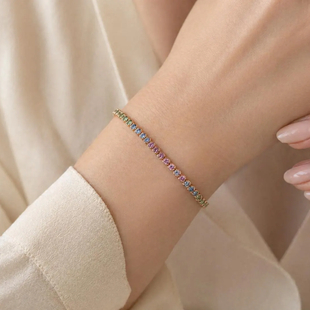 Natural Round Cut Multi-Color Sapphire Rainbow Bracelet, in Rose Gold model