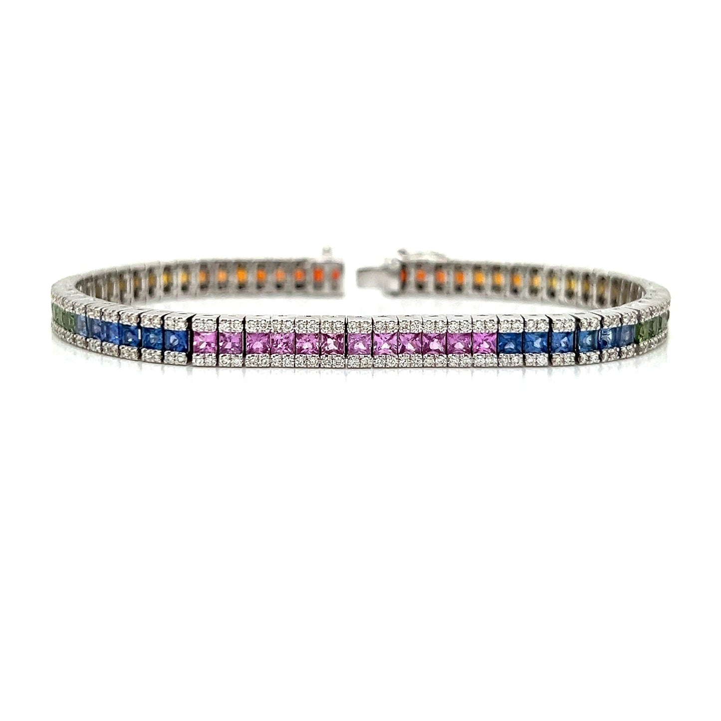 Natural Diamond and Princess Cut Sapphire Bracelet, in White Gold