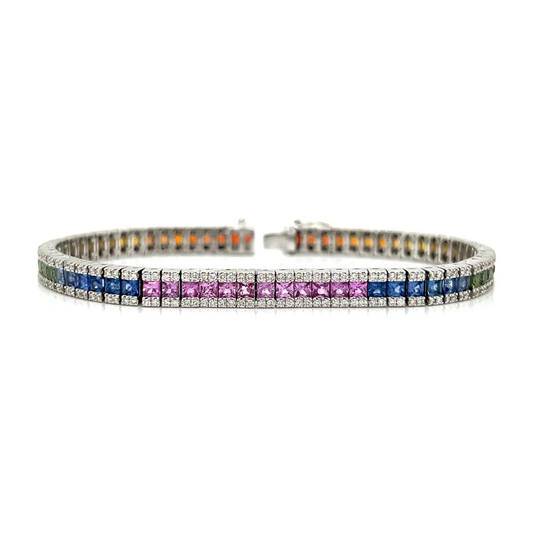 Natural Multi-Color Sapphires and Diamonds Cocktail Bracelet, in White Gold
