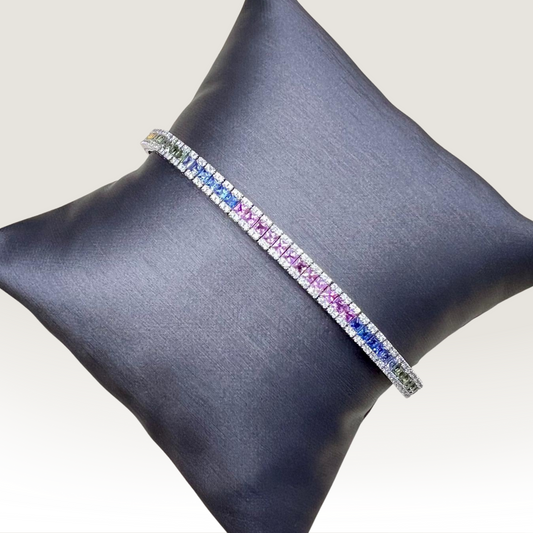 Natural Diamond and Princess Cut Sapphire Bracelet, in White Gold
