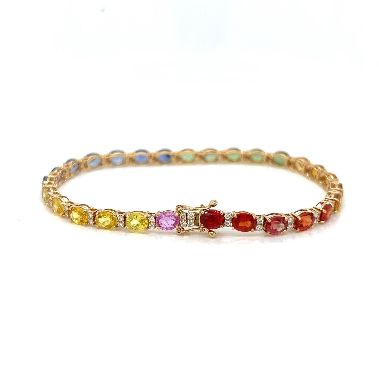 Natural Oval Sapphires Multi-color Rainbow and Diamond Bracelet, in Yellow Gold