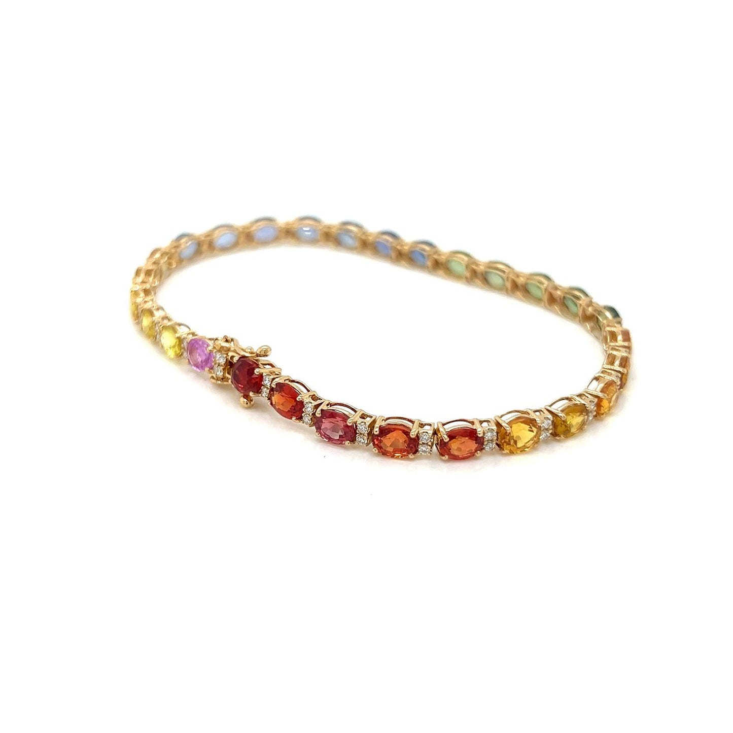 Natural Oval Sapphires Multi-color Rainbow and Diamond Bracelet, in Yellow Gold