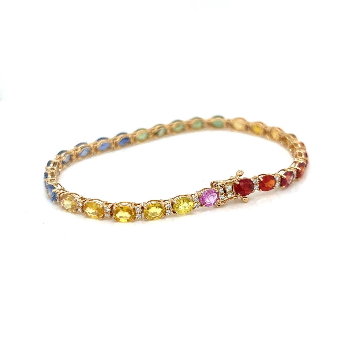 Natural Oval Sapphires Multi-color Rainbow and Diamond Bracelet, in Yellow Gold