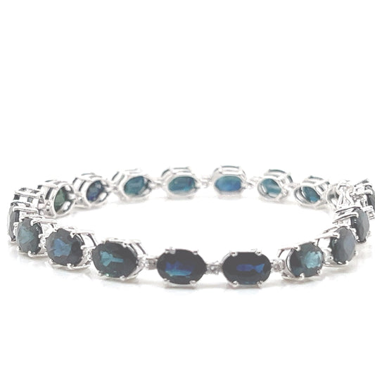 Natural Mined Blue Sapphire and Diamond Tennis Bracelet White Gold GIA