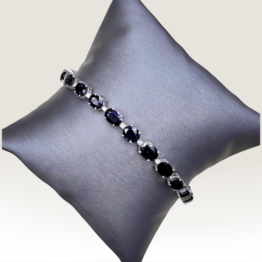 Natural Mined Blue Sapphire and Diamond Tennis Bracelet White Gold GIA