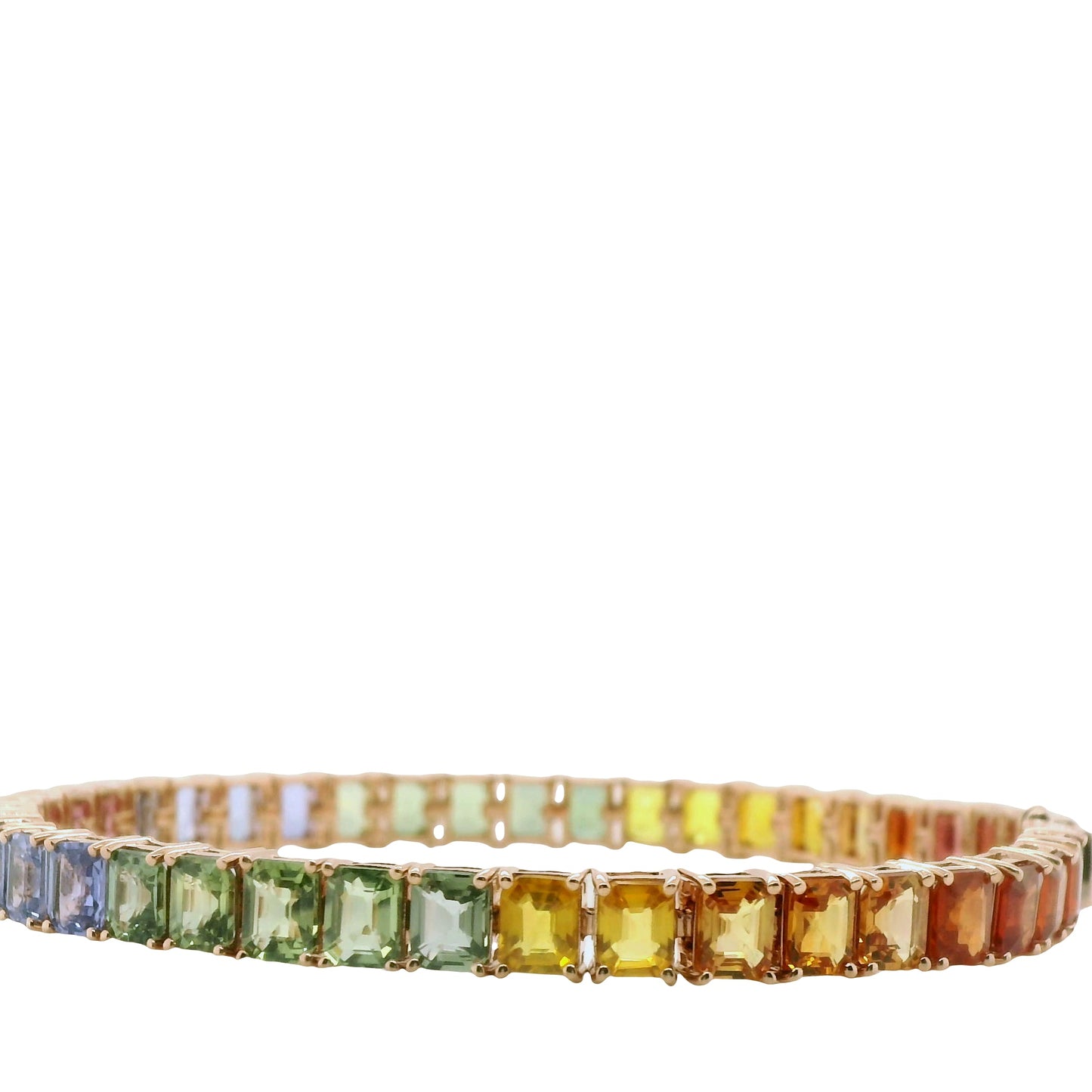 Natural Emerald Cut Multi-Colored Rainbow Sapphire Single Line Bracelet, in Yellow Gold
