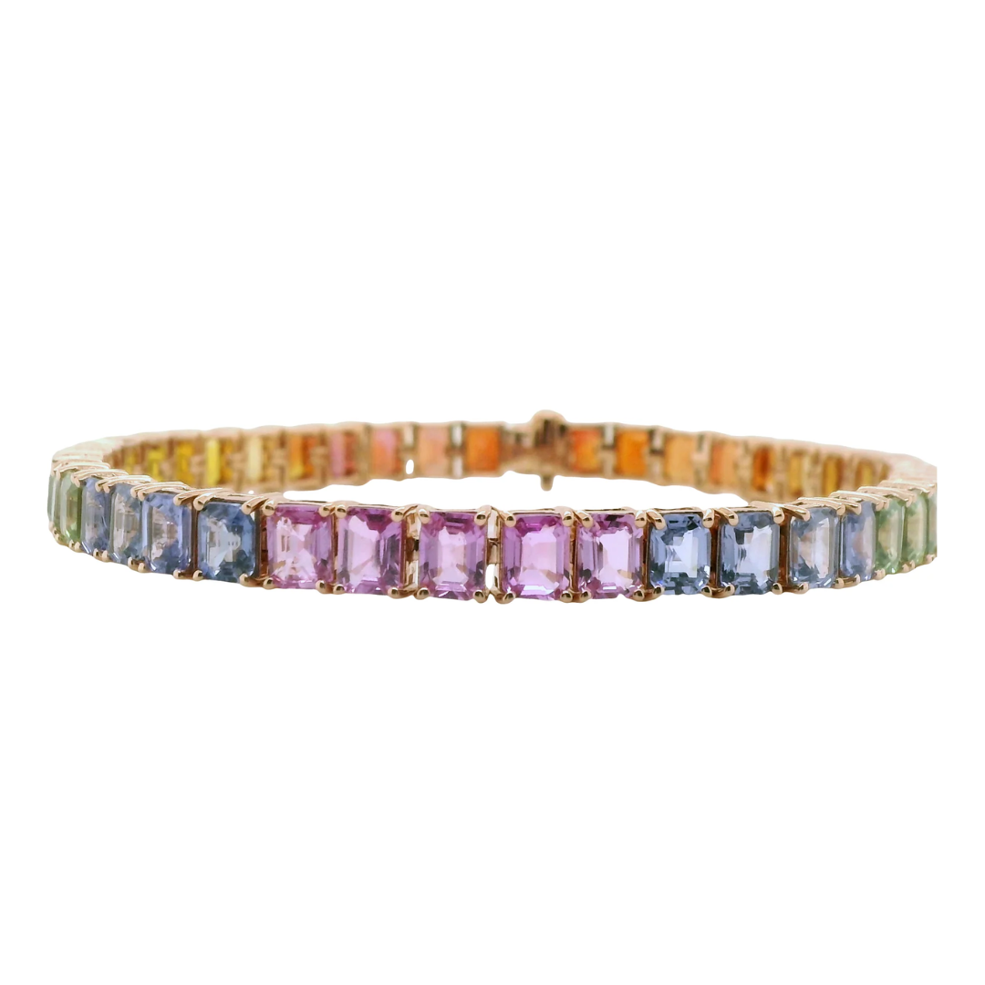 Natural Emerald Cut Multi-Colored Rainbow Sapphire Single Line Bracelet, in Yellow Gold