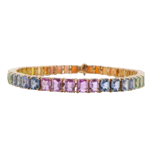 Natural Emerald Cut Multi-Colored Rainbow Sapphire Single Line Bracelet, in Yellow Gold