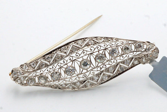 Vintage Cocktail Woman's Brooch Pin with European Cut Natural Diamonds, in Platinum - Pre-owned