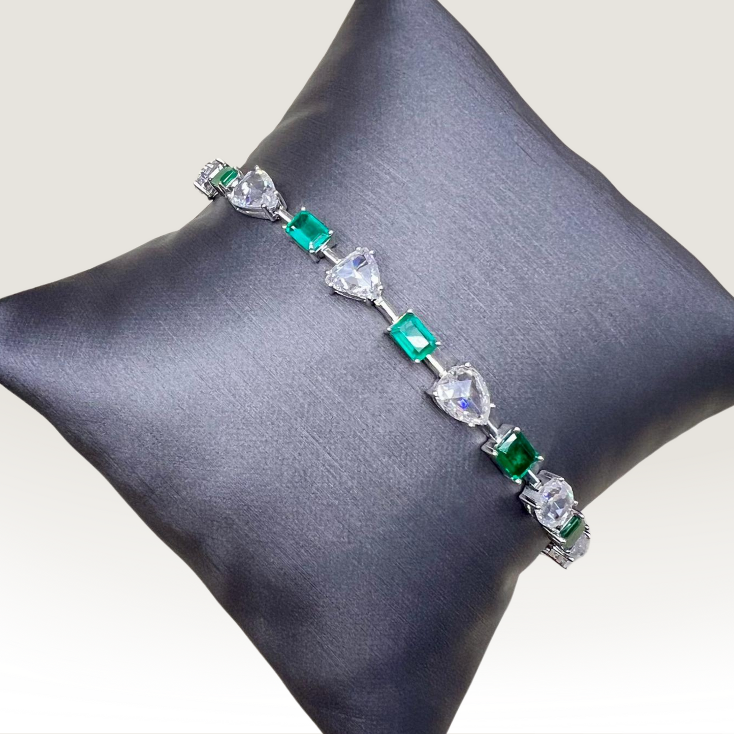 Natural Emerald Cut Green Emerald and Rose Cut Diamond Link Bracelet White Gold